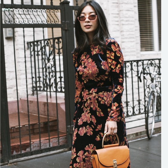 SALONI Tina Boat-neck Open Back Velvet Floral Midi Dress - Picture 1 of 11